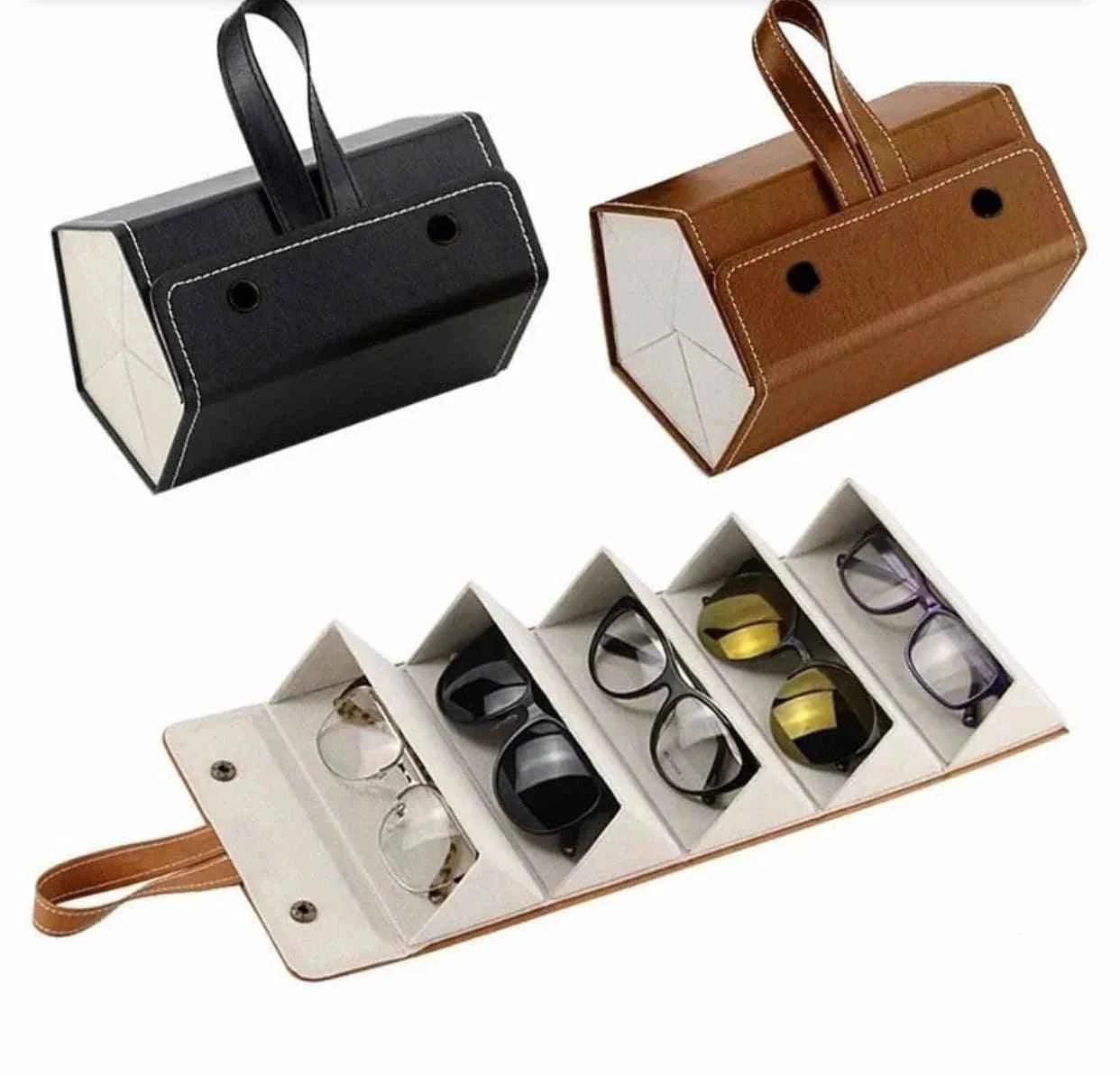 Foldable 5-Slot PU Leather Eyewear Travel Organizer.