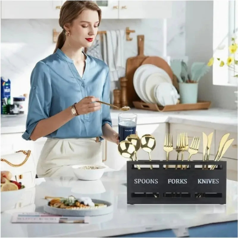 Wooden Multi-Compartment Cutlery Organizer Box for Kitchen Utensils Chopsticks Spoons Rectangular Dining Table Storage Tray