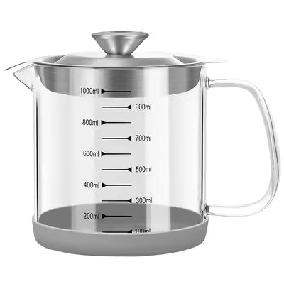 1L/1.5L Transparent Glass Oil Filter Pot with Scale kitchen Oil Separator&Storage Tank with Fine Mesh Strainer Grease Container