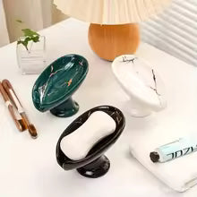 Leaf Shaped Ceramic Soap Dish with Drainage Creative Bathroom Soap Holder Tray for Sink Counter Self Draining Sponge Soap Rack