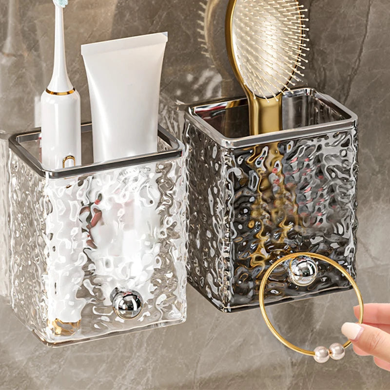 Wall-Mounted Bathroom Organizer Plastic Toothbrush And Toothpaste Holder No-Drill Design Open Storage Bins for Shaver Comb Box