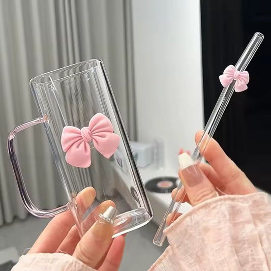 1PC Cute Doodle Coffee Mug Household Fruit Tea Lemonade Girls Gift Bow Glass Cute Water Cup Cartoon Bow Glass Cup Striped