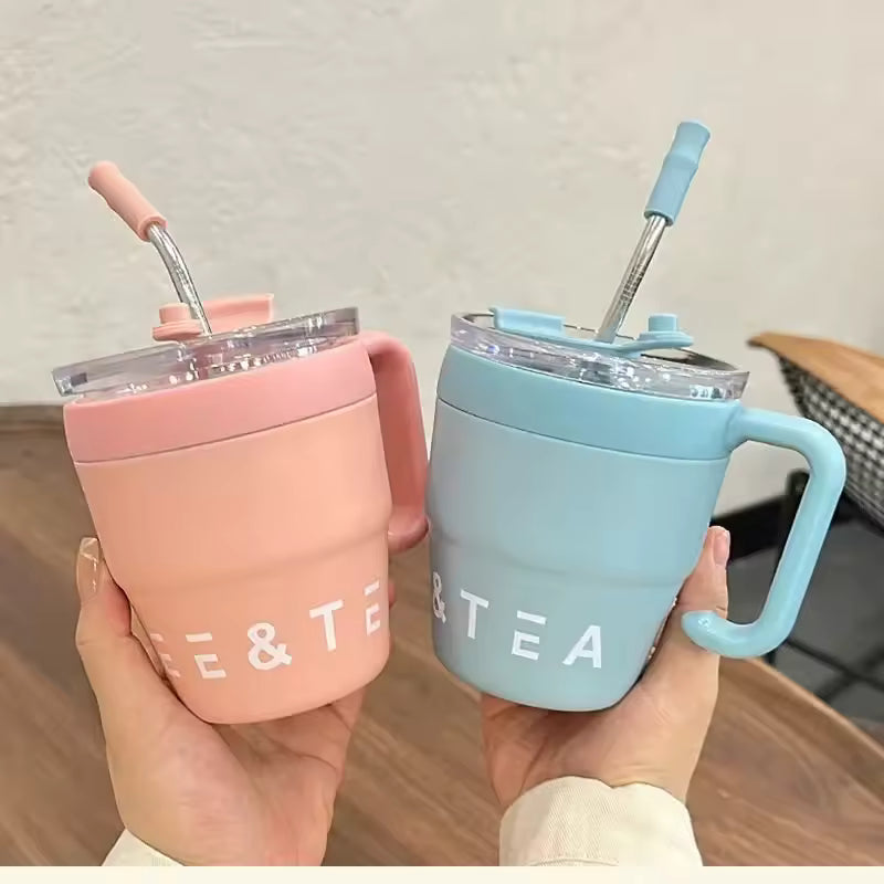 Cold for Straw Lid Bottle Outdoor Mug Thermos Hot with Tea Stainless 480ml Steel Drinks Milk Portable Water Cup Office Coffee