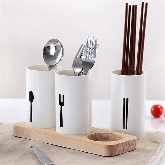 High-Quality Utensil Holder for Kitchen Counter with Wooden Base Large Round Cooking Utensil Holder