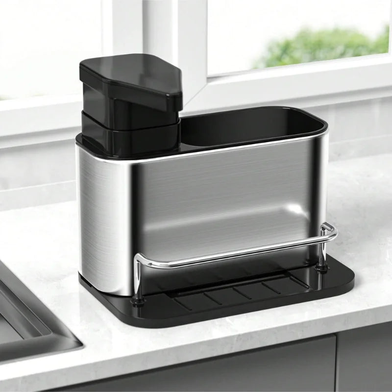 3-in-1 Kitchen Stainless Steel Tableware Soap Dispenser, Sponge Holder, Sink Organizer Drain Rack, Suitable for Kitchen Sinks