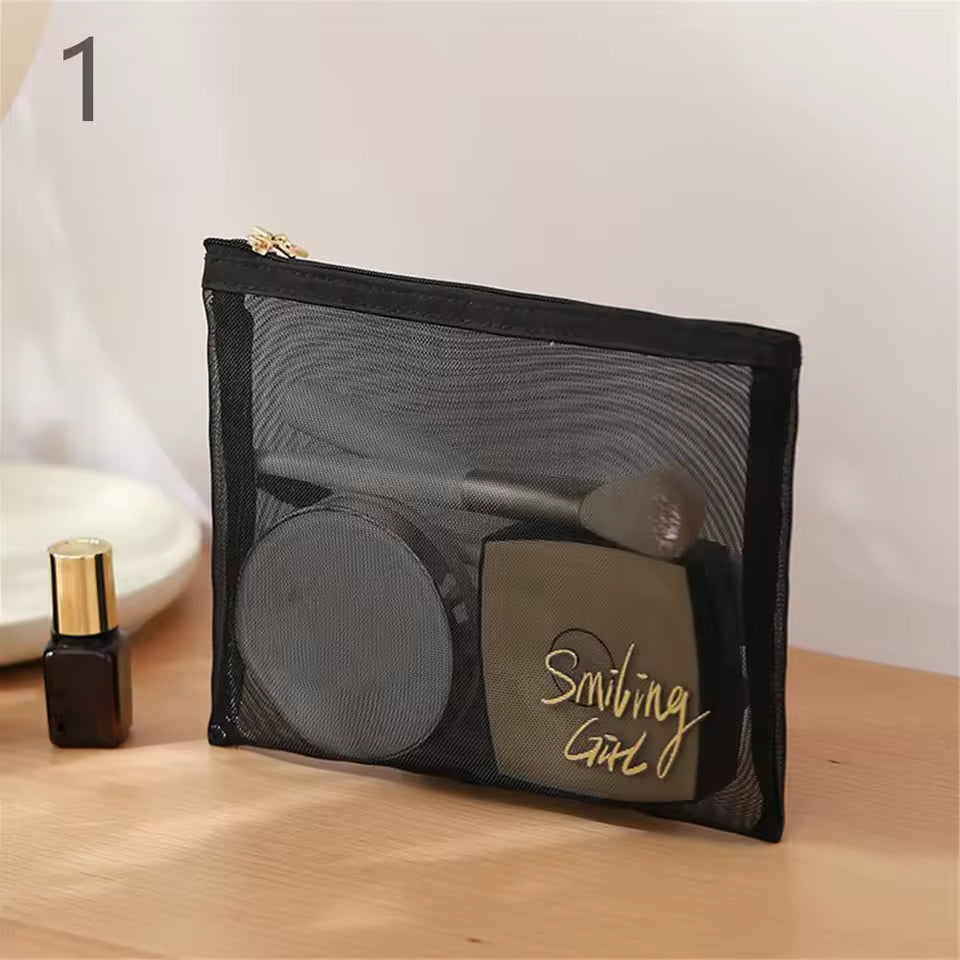 Portable Large Capacity Mesh Cosmetic Bag Transparent Black Nylon Mesh Makeup Pouch Travel Storage Case Toiletry Organizer