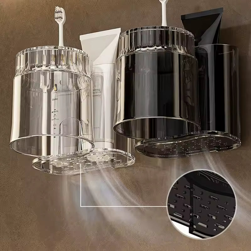 Toothbrush Holder with Gargle Cup Wall-mounted Plastic Toothpaste Drain Basket for Bathroom Space-Saving Bathroom Organizer