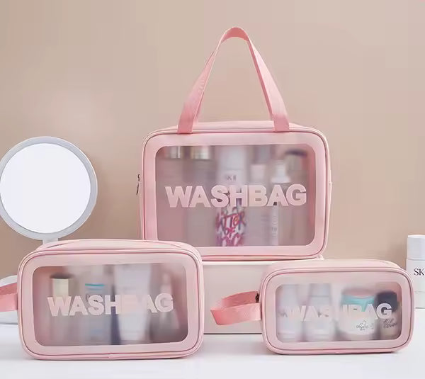 3-Piece Clear Travel Toiletry Bag Set – PVC Waterproof Makeup Pouch (Random Color Set) - Clarify.pk