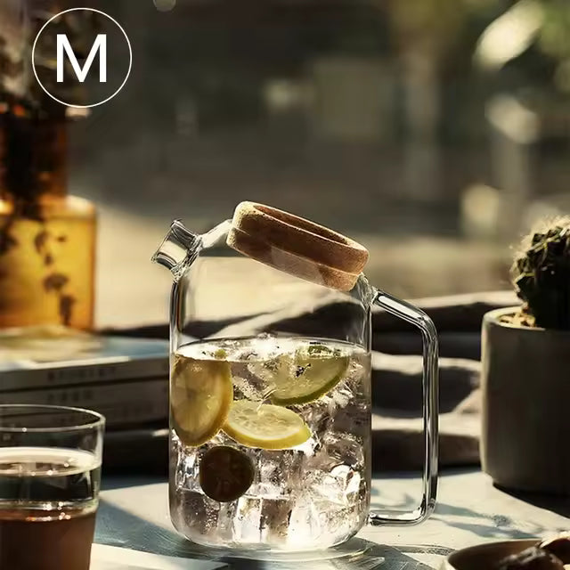 Glass Cork Water Kettle Wooden Cover Flower Teapot Heat-resistant Juice Cold With Lid Coffee Pitcher