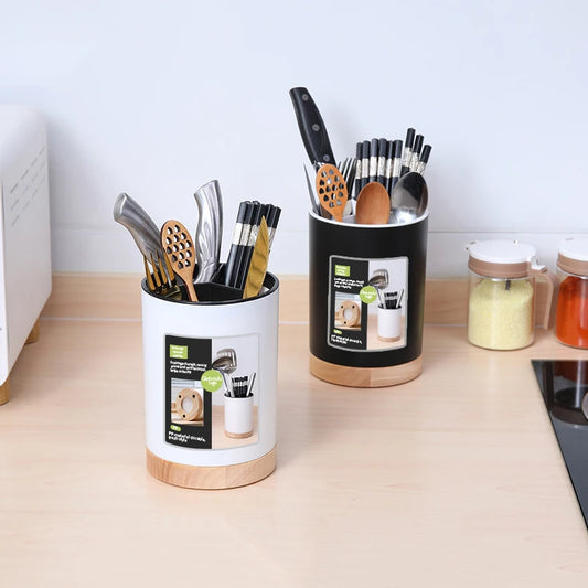 Kitchen Utensil Holder 360° Rotatable 3-Grid Tableware Drainer Chopstick Spoon Utensil Storage Bucket With Removable Divider NEW