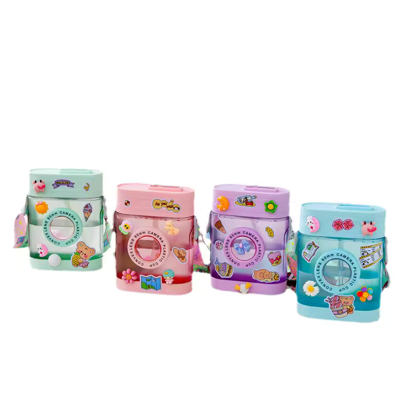 400ML Creative Camera Water Bottle Plastic Water Bottle for Girls Kawaii Straw Bottle with Sticker Strap Children Outdoor Kettle
