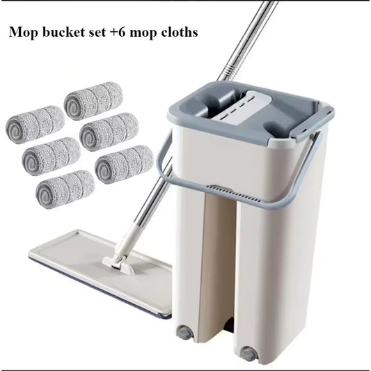 Flat Squeeze Mop with Bucket Hand Free Wringing Floor Cleaning Mop Microfiber Mop Pads Wet or Dry Usage on Hardwood Laminate