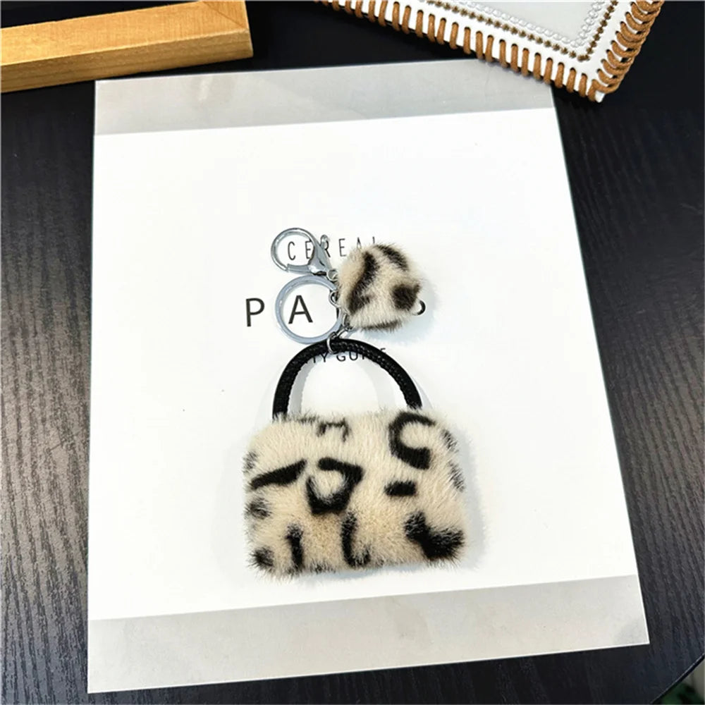 Creative Leopard Bag Pendant Keychain Cute Plush Soft Handbag Charms With Hair Ball Car Trinket Keyring Moto Accessories Gift