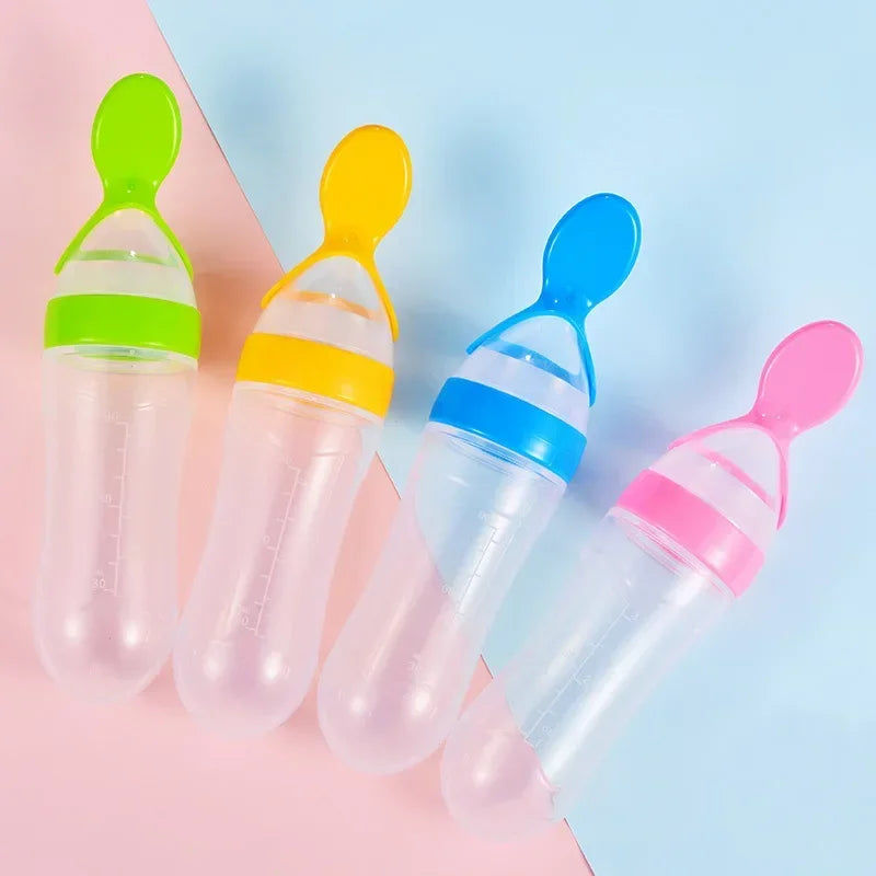 Squeeze Baby Bottle with Food Supplement Feeder and Training Spoon, Solids Silicone Baby Bottles Baby Feeding