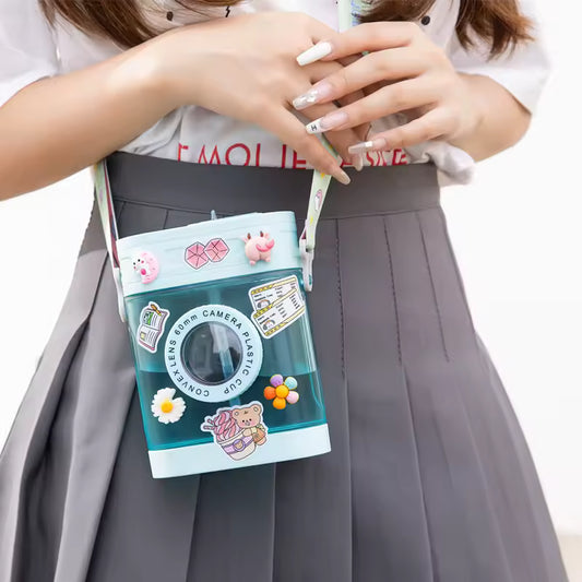 400ML Creative Camera Water Bottle Plastic Water Bottle for Girls Kawaii Straw Bottle with Sticker Strap Children Outdoor Kettle