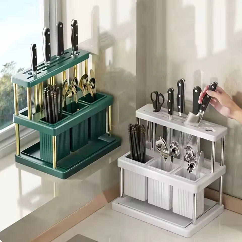 Multi-Use Cutlery Stand - Space-Efficient Organizer with Drain for Kitchen Tools