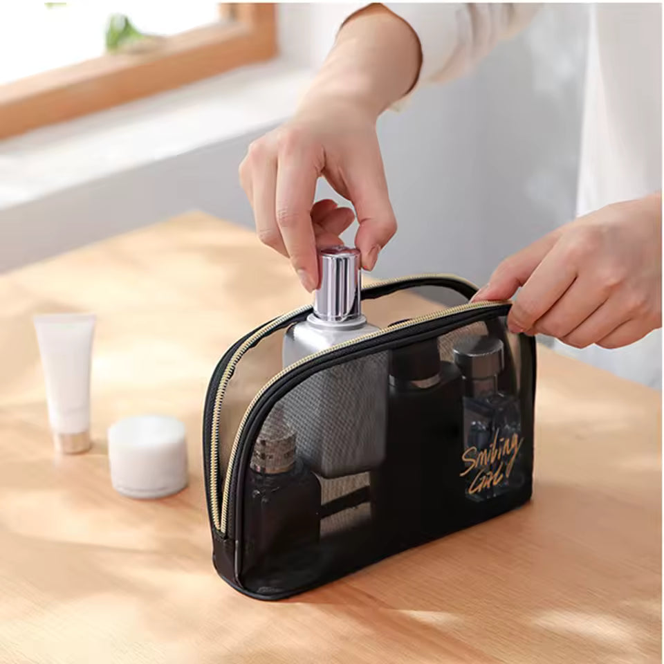Portable Large Capacity Mesh Cosmetic Bag Transparent Black Nylon Mesh Makeup Pouch Travel Storage Case Toiletry Organizer