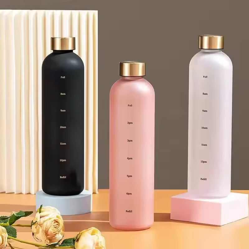 1L Water Bottle with Time Marker 32 OZ Fitness Sports Outdoor Travel Portable Leakproof Drinkware BPA Free Frosted Drink Bottles