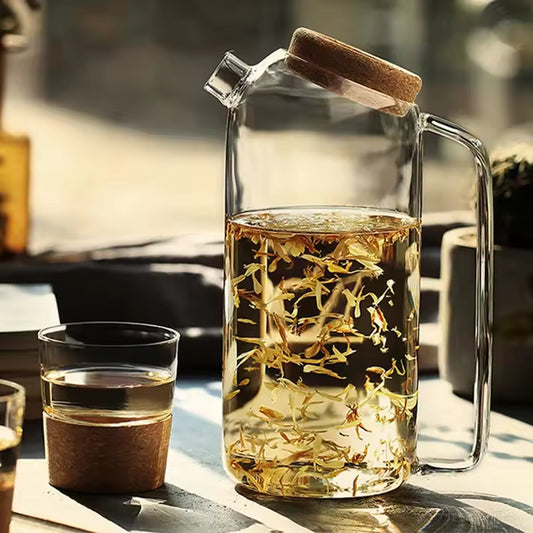 Glass Cork Water Kettle Wooden Cover Flower Teapot Heat-resistant Juice Cold With Lid Coffee Pitcher