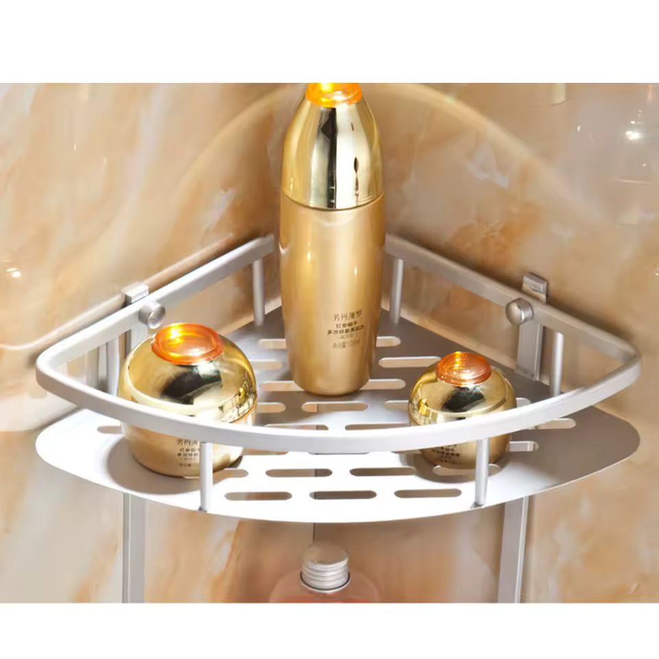 1pc Corner Wall Mount Bathroom Storage Rack Shower Shelf Aluminum Hollow Basket No Punching Easy Assembly Saves