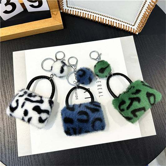 Creative Leopard Bag Pendant Keychain Cute Plush Soft Handbag Charms With Hair Ball Car Trinket Keyring Moto Accessories Gift
