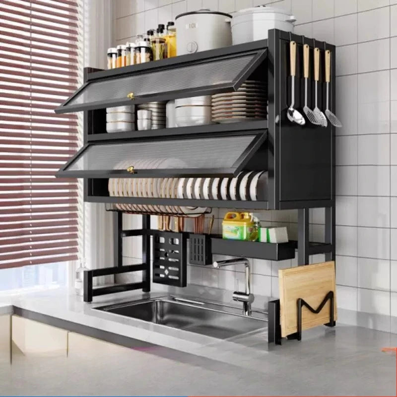 Kitchen sink drain rack double layer dishwasher sink countertop dustproof chopsticks tube knife cupboard