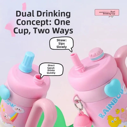 Large Capacity Straw Cup Cartoon Cute Double Drink Insulated Thermos for Students Children Women Portable Travel Water Bottle