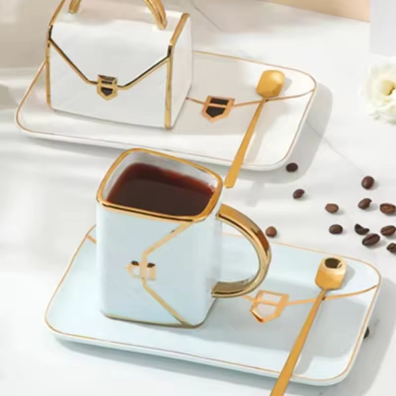 10Oz Aesthetic Handbag Shaped Mug Creative Elegant Ceramic Water Cups Sets Luxury Coffee Mugs Women Drinkware Office Decor Gift