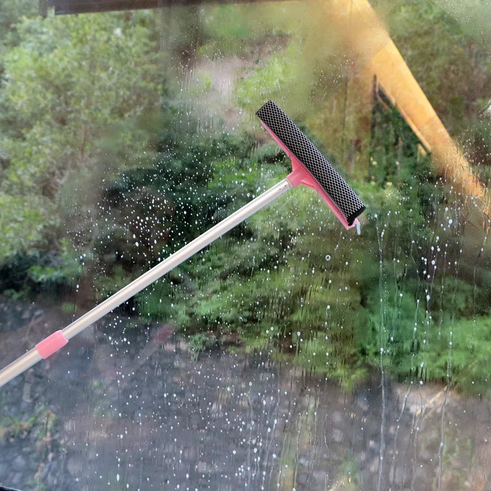 Long Handle Window Scraper Glass Cleaning Brush 2 in 1 Adjustable Squeegee Sponge Window Glass Cleaner Wiper