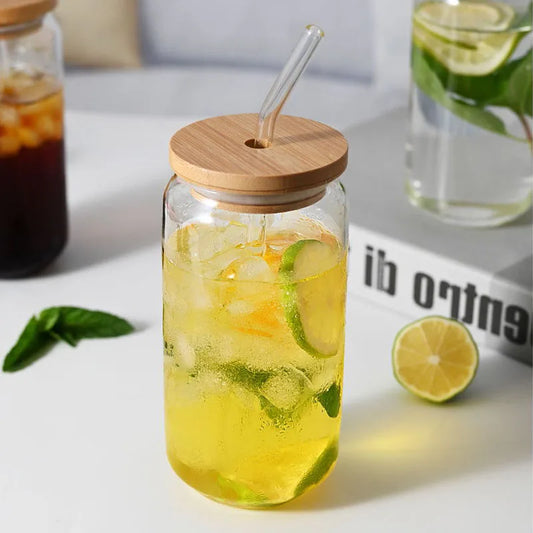 Creative Wide Mouth Mason Jar Drinking Glasses with Bamboo Lids and Straws Cute Reusable Smoothie Cups Iced Coffee Cup