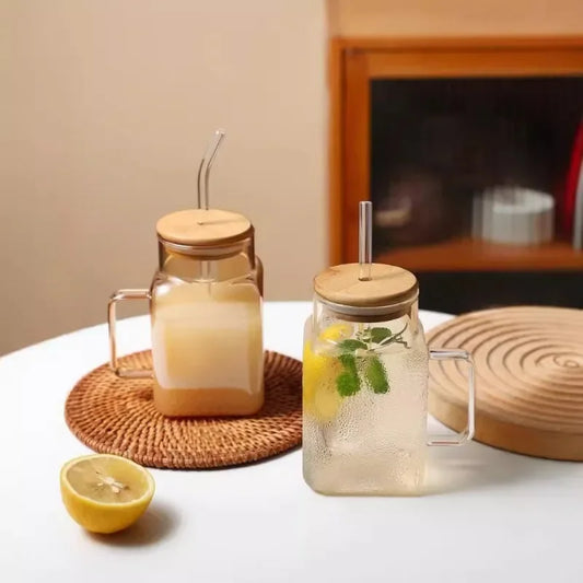 High Borosilicate Glass Cup Square with Lid and Straw Ins Wind Drinking Water Cup