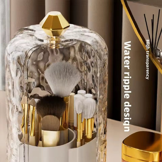 Makeup Brush Holder Manager With Transparent Cover Rotating Sliding Opening Dustproof Brush Container