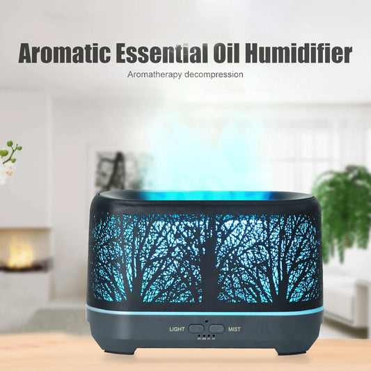 Flame Aroma Diffuser Iron Hollow Out Forest Colorful Lights Fire Mist Humidifier for Bedroom Home Office