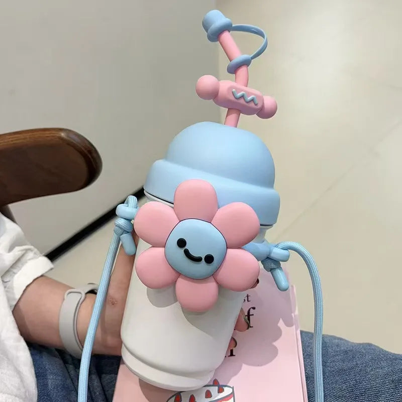 Netroots cartoon vacuum insulation cup female stainless steel high-color value with carry rope flowers milk tea cups