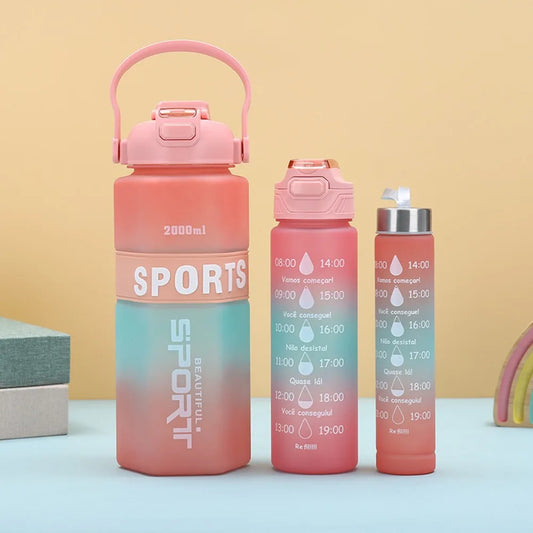 Three Piece Set Sports Water Bottle Set Large Capacity Hexagon Leak Proof Colorful Cup Portable Frosted Fitness Sports Kettle