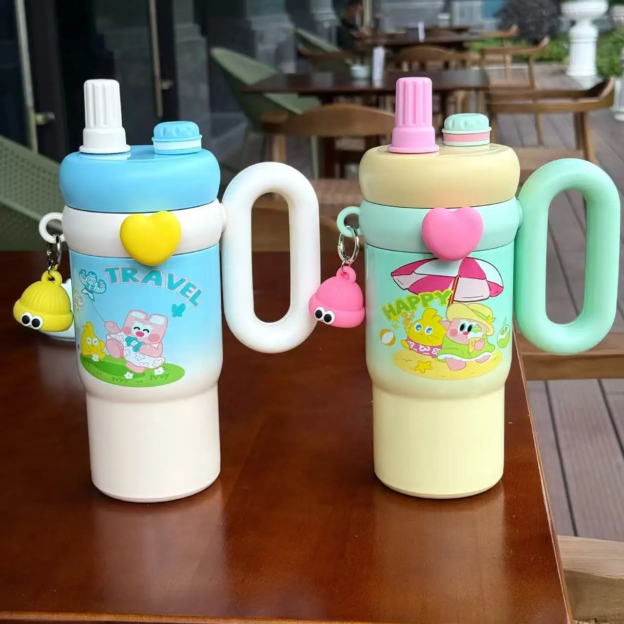 Large Capacity Straw Cup Cartoon Cute Double Drink Insulated Thermos for Students Children Women Portable Travel Water Bottle