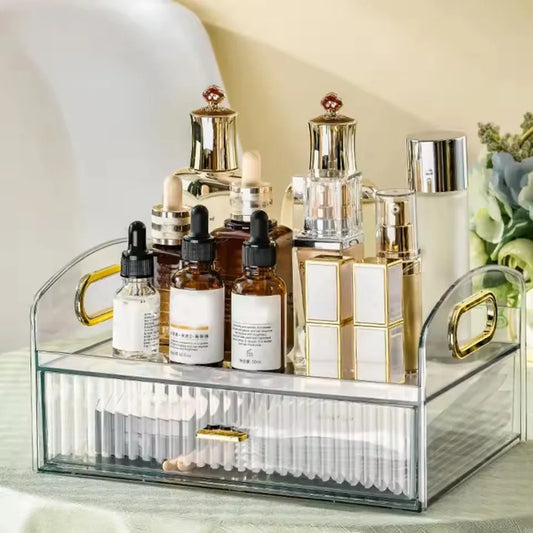 Makeup Organizer Countertop Clear Cosmetics Storage Boxes with Drawers & Portable Handle For Vanity Skincare Desktop Bathroom