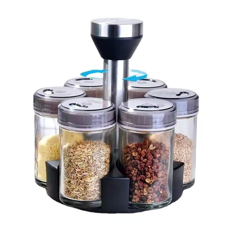 Kitchen Rotating Spice Rack Glass Seasoning Storage Set with Lid Various Sauce Bottles Home Goods Storage Shelf