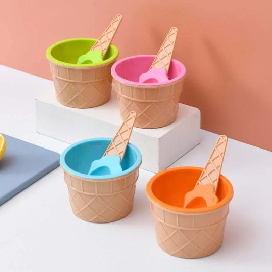 6 Sets Ice Cream Bowl and Spoon Plastic Reusable Ice Cream Bowl Cartoon Egg Cone Children Fruit Dessert Bowl Kitchen Accessories
