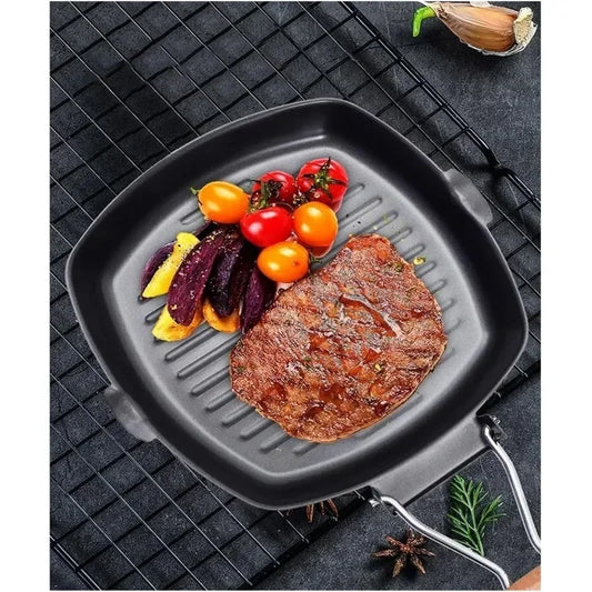 Portable Foldable Frying Pan Picnic Grill Pan Anti-scald Wooden Handle Outdoor Grill Pan Double Mouth Steak Pan(No Lid)