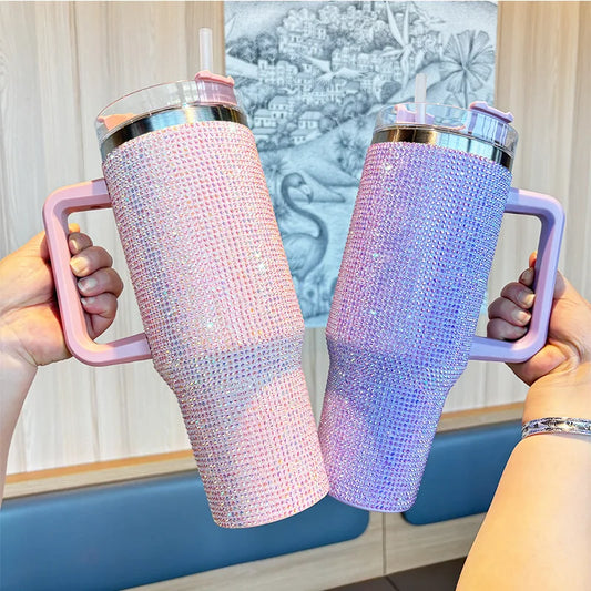 40oz Rhinestone Studded Diamond Bling Stainless Steel Tumbler with Handle Travel Vacuum Coffee Mug with Straws for Car Thermos