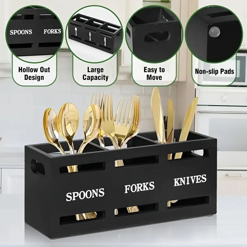 Wooden Multi-Compartment Cutlery Organizer Box for Kitchen Utensils Chopsticks Spoons Rectangular Dining Table Storage Tray
