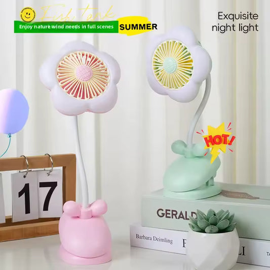 Flower Shaped Mini USB Desktop Fan with Night Light Clip on Design for Office Charging Summer Air Conditioner Household Applianc
