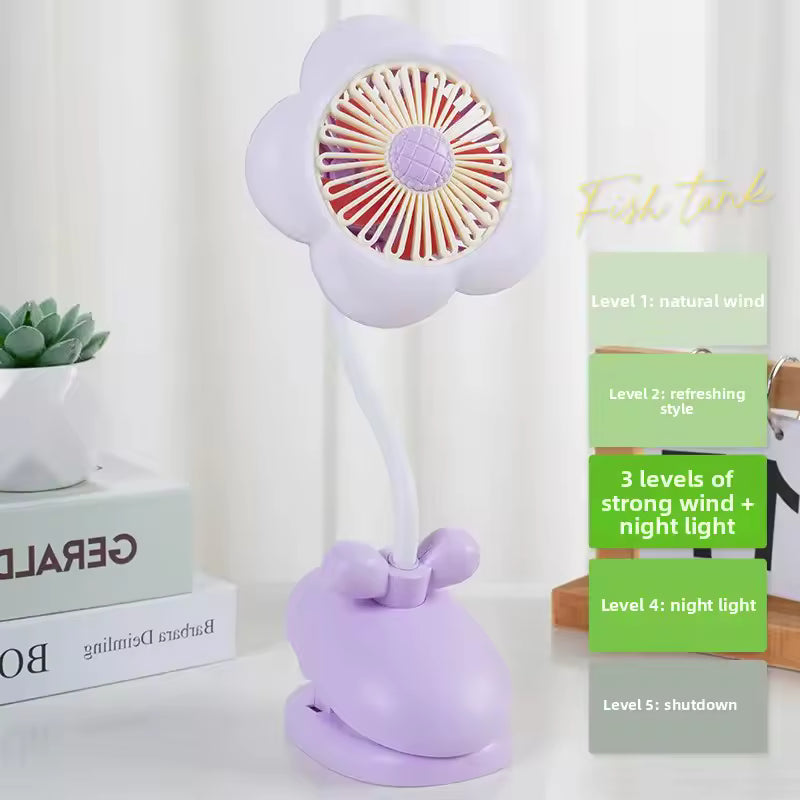 Flower Shaped Mini USB Desktop Fan with Night Light Clip on Design for Office Charging Summer Air Conditioner Household Applianc