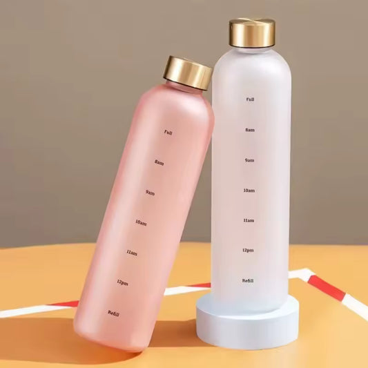 1L Water Bottle with Time Marker 32 OZ Fitness Sports Outdoor Travel Portable Leakproof Drinkware BPA Free Frosted Drink Bottles