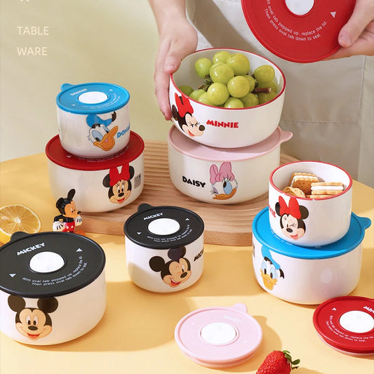 Minnie Lunch Box 3 Piece Set Mickey Bento Box Cartoon Ceramic Lunch Box Fresh Keeping Bowl Microwave Available Christmas Gift