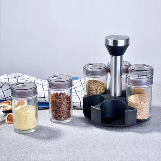 Kitchen Rotating Spice Rack Glass Seasoning Storage Set with Lid Various Sauce Bottles Home Goods Storage Shelf