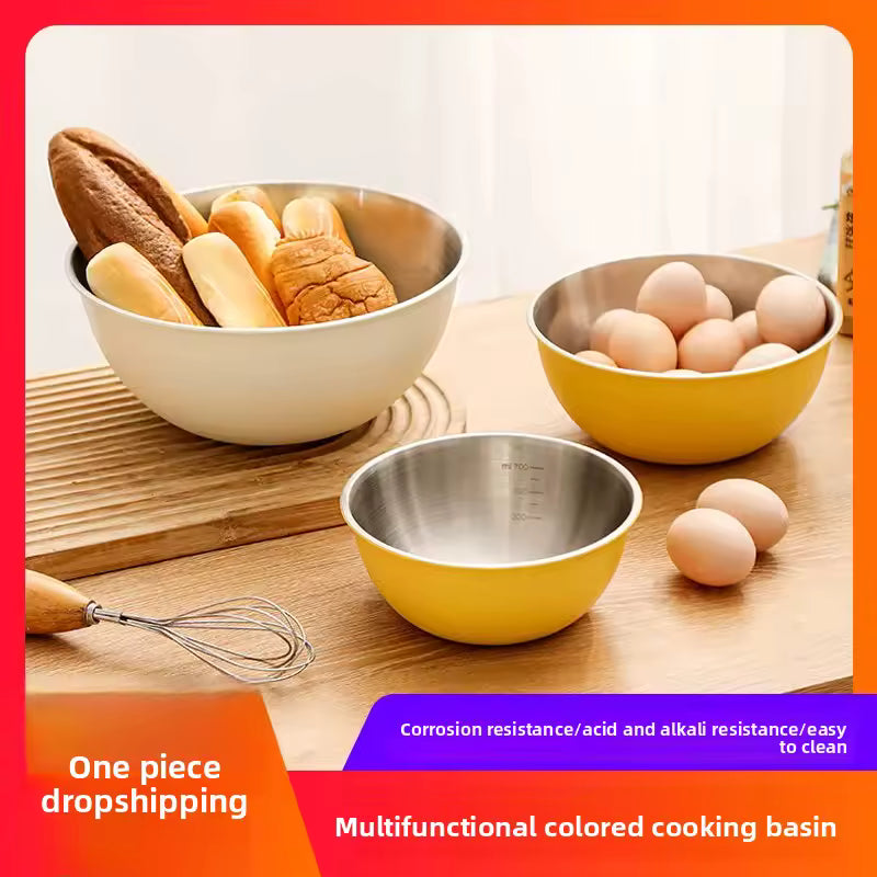 Stainless Steel Food Grade Baking Egg Beating Kitchen Bowl with Scale Korean Ins Style Three Piece Set Salad Bowl Home Use