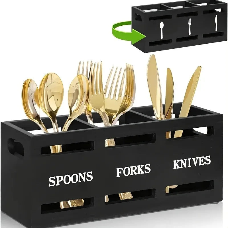 Wooden Multi-Compartment Cutlery Organizer Box for Kitchen Utensils Chopsticks Spoons Rectangular Dining Table Storage Tray