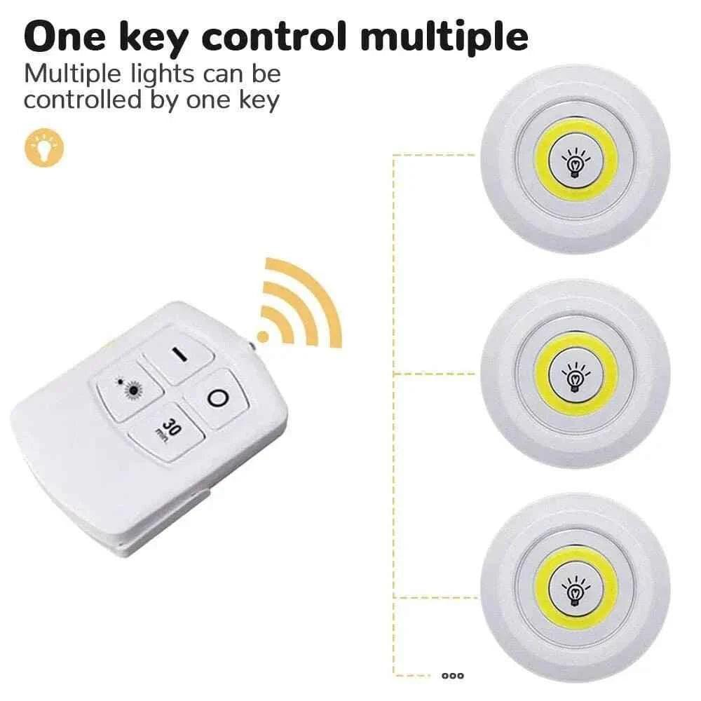 Pack of 3 Wireless LED Night Lights with Remote, 3W Ultra-Bright COB Under-Cabinet Lighting, Adjustable Brightness for Wardrobe, Closet, Cupboard, and Doorway.